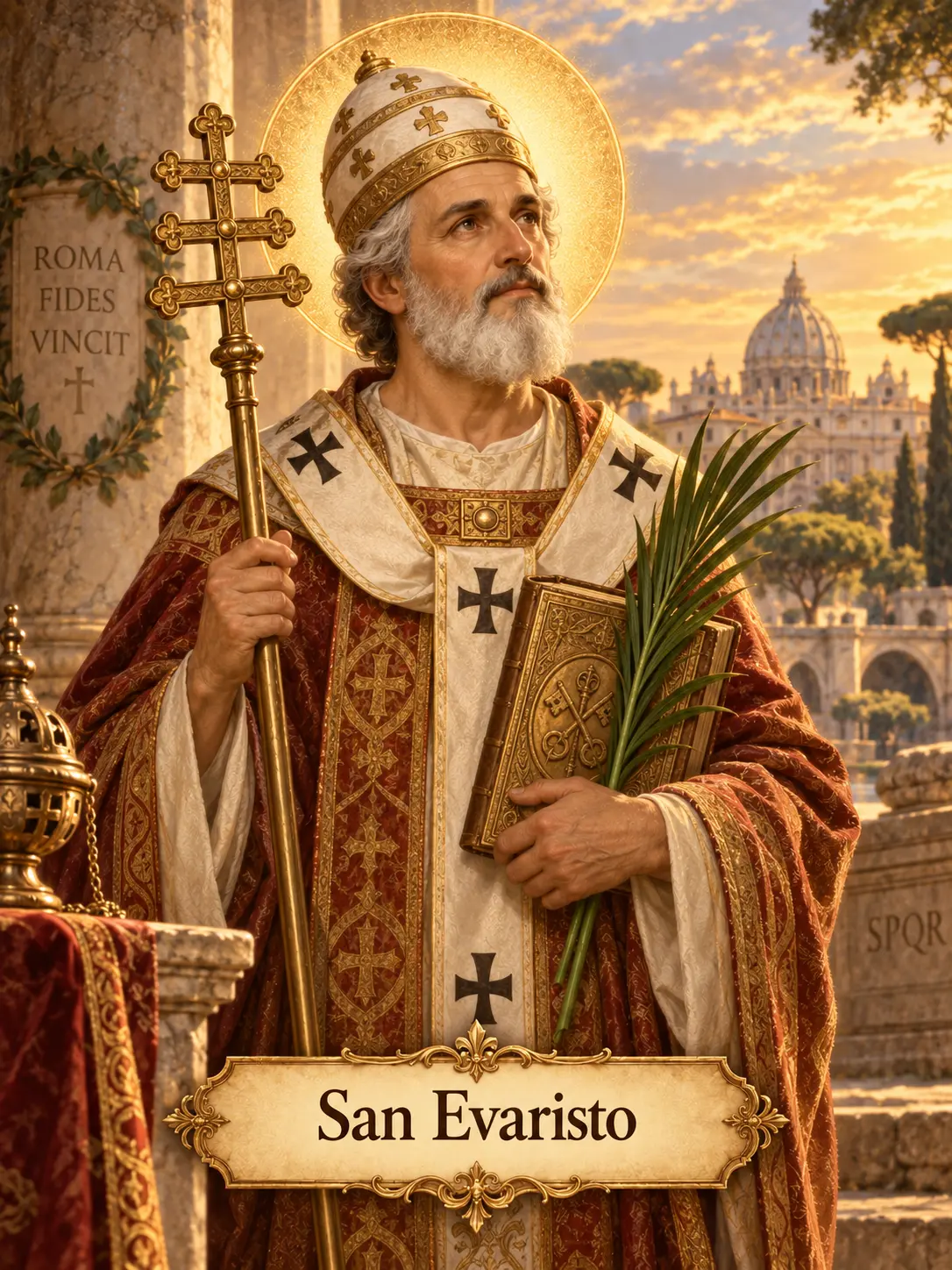 Estampa de San Evaristo con vestiduras pontificias y palma del martirio