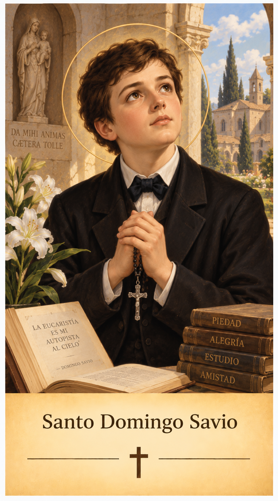 Estampa devocional de Santo Domingo Savio con rosario, libros, iglesia y lirios