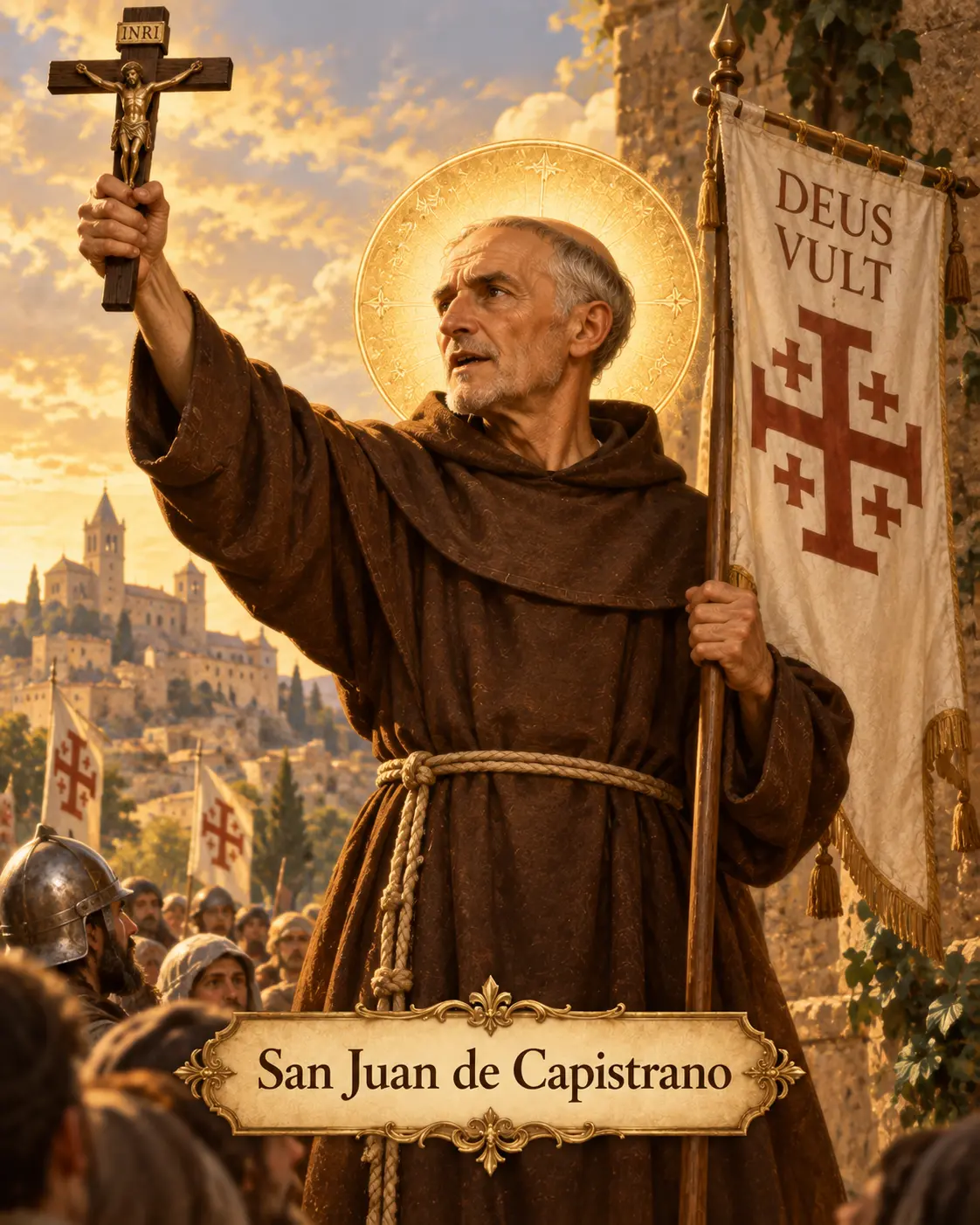 Estampa de San Juan de Capistrano con hábito franciscano, crucifijo y estandarte