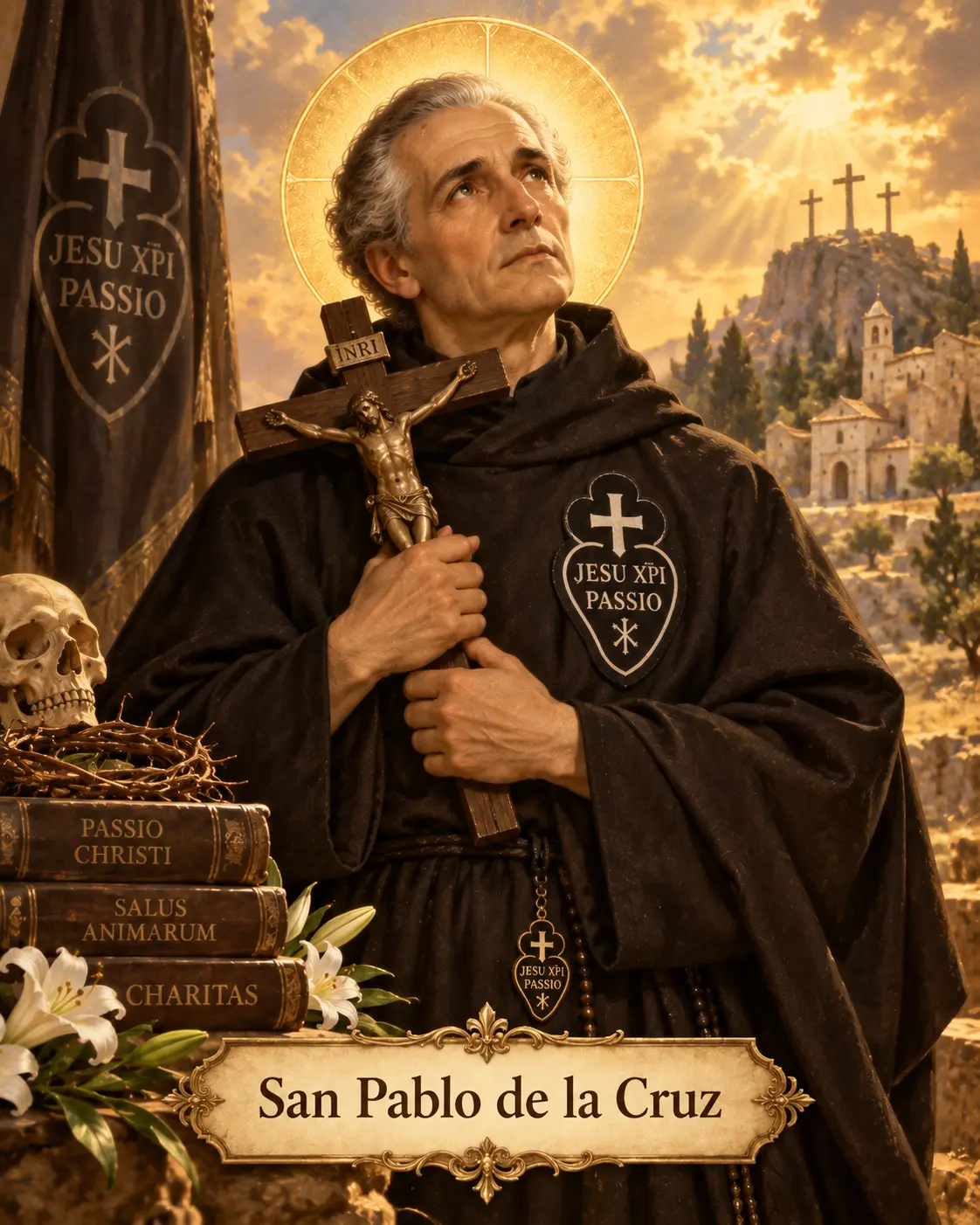 Estampa de San Pablo de la Cruz con hábito pasionista y crucifijo