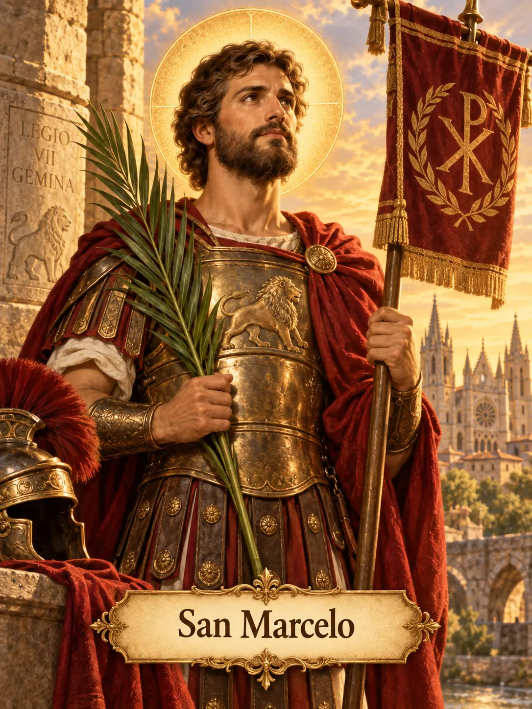 Estampa de San Marcelo con vestiduras de soldado romano, palma del martirio y estandarte cristiano