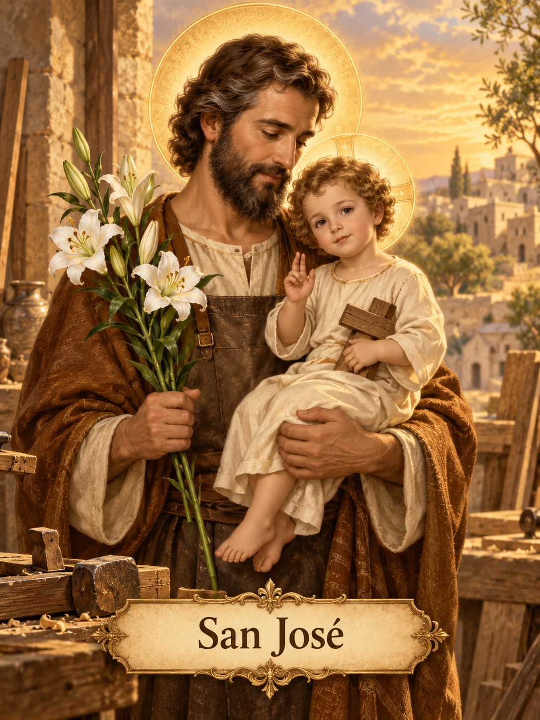 Estampa devocional de San José con el Niño Jesús y el lirio