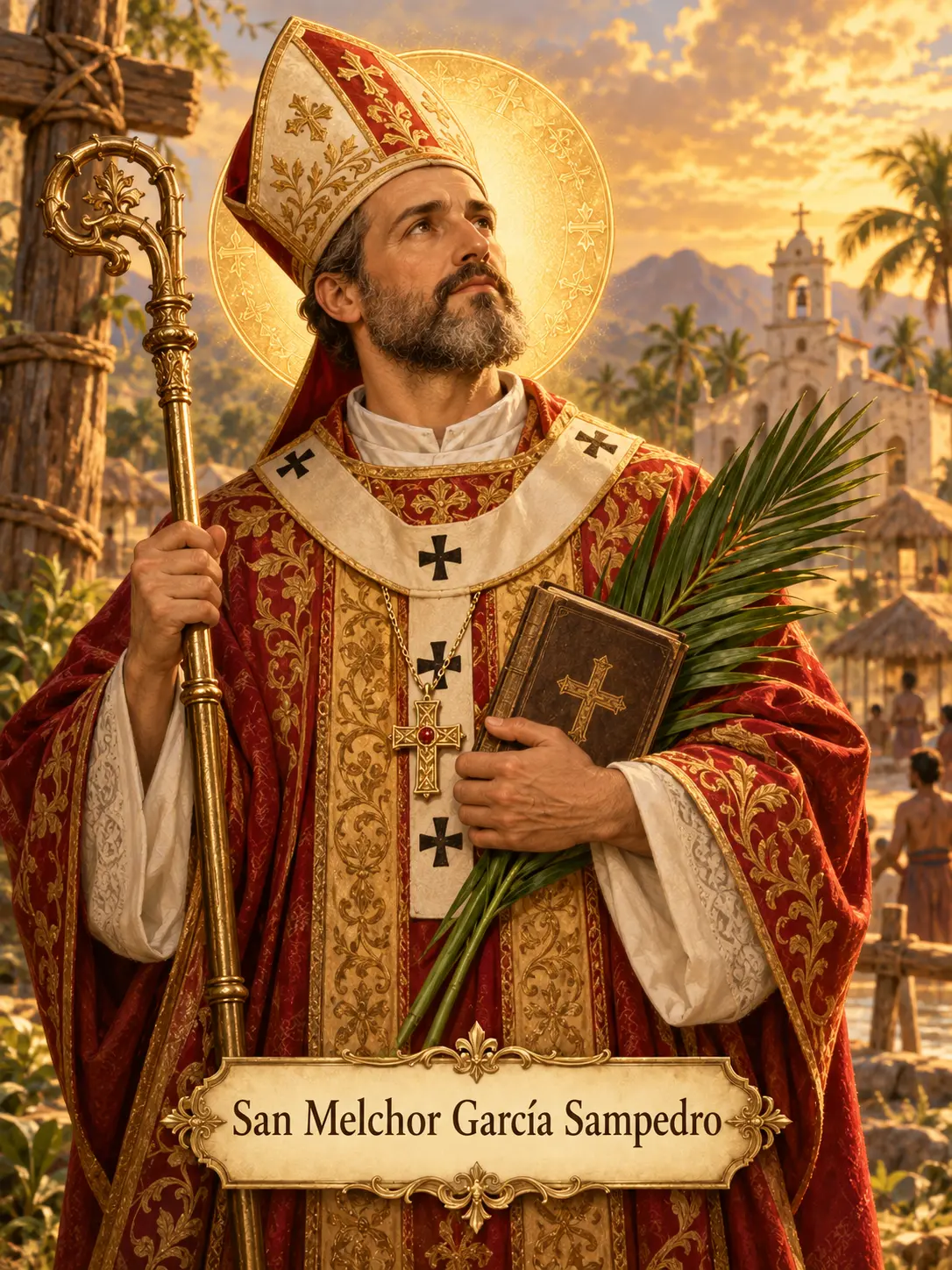 San Melchor García Sampedro, obispo mártir, con báculo y palma