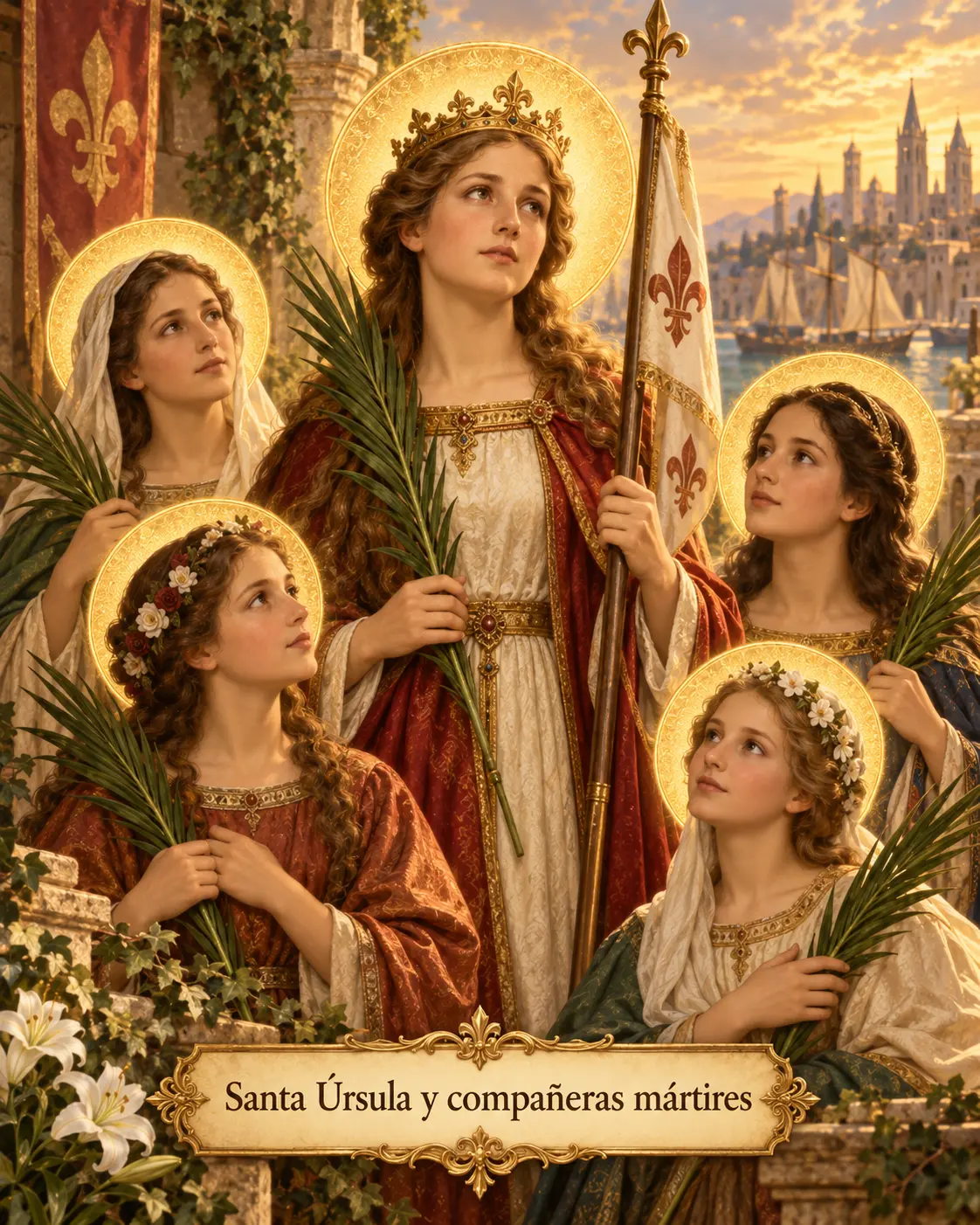 Estampa de Santa Úrsula y sus compañeras con palmas del martirio