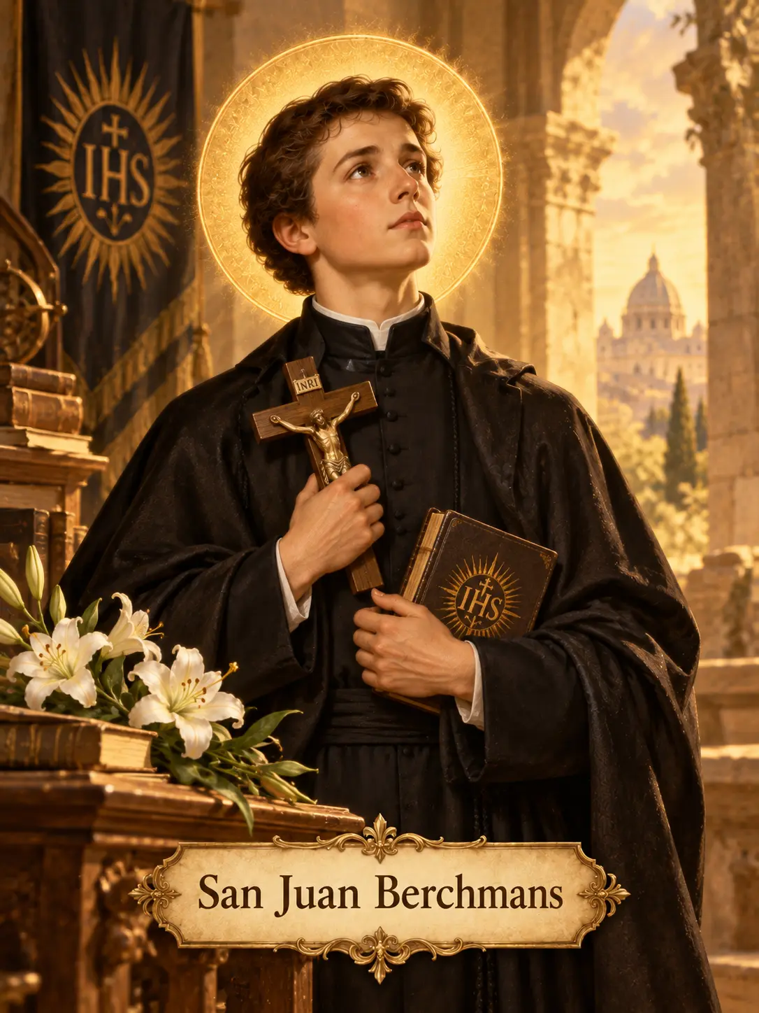 San Juan Berchmans, joven jesuita con crucifijo y libro