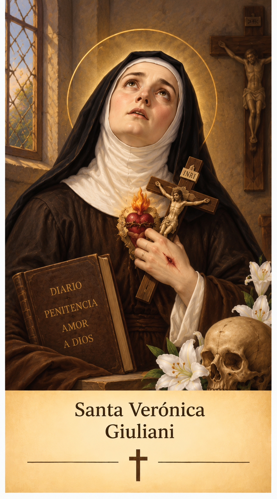 Estampa devocional de Santa Verónica Giuliani con crucifijo, corazón en llamas, libro, calavera y lirios