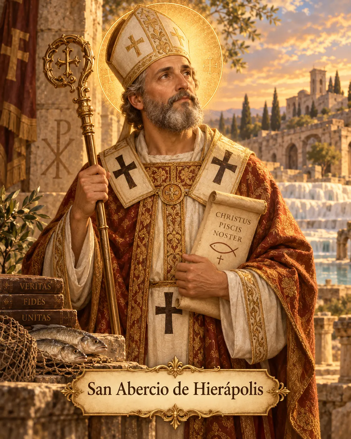 Estampa de San Abercio de Hierápolis con vestiduras episcopales, báculo y pergamino
