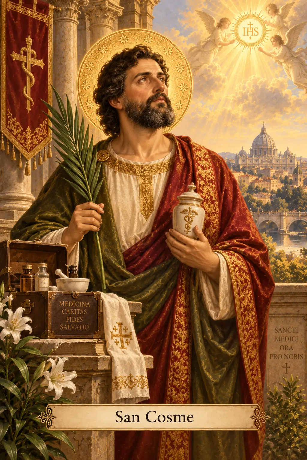 San Cosme, médico cristiano y mártir, con la palma del martirio y recipientes medicinales