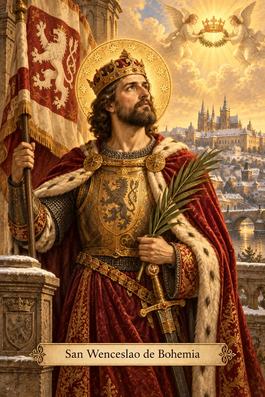 San Wenceslao de Bohemia con corona, armadura, estandarte y palma del martirio