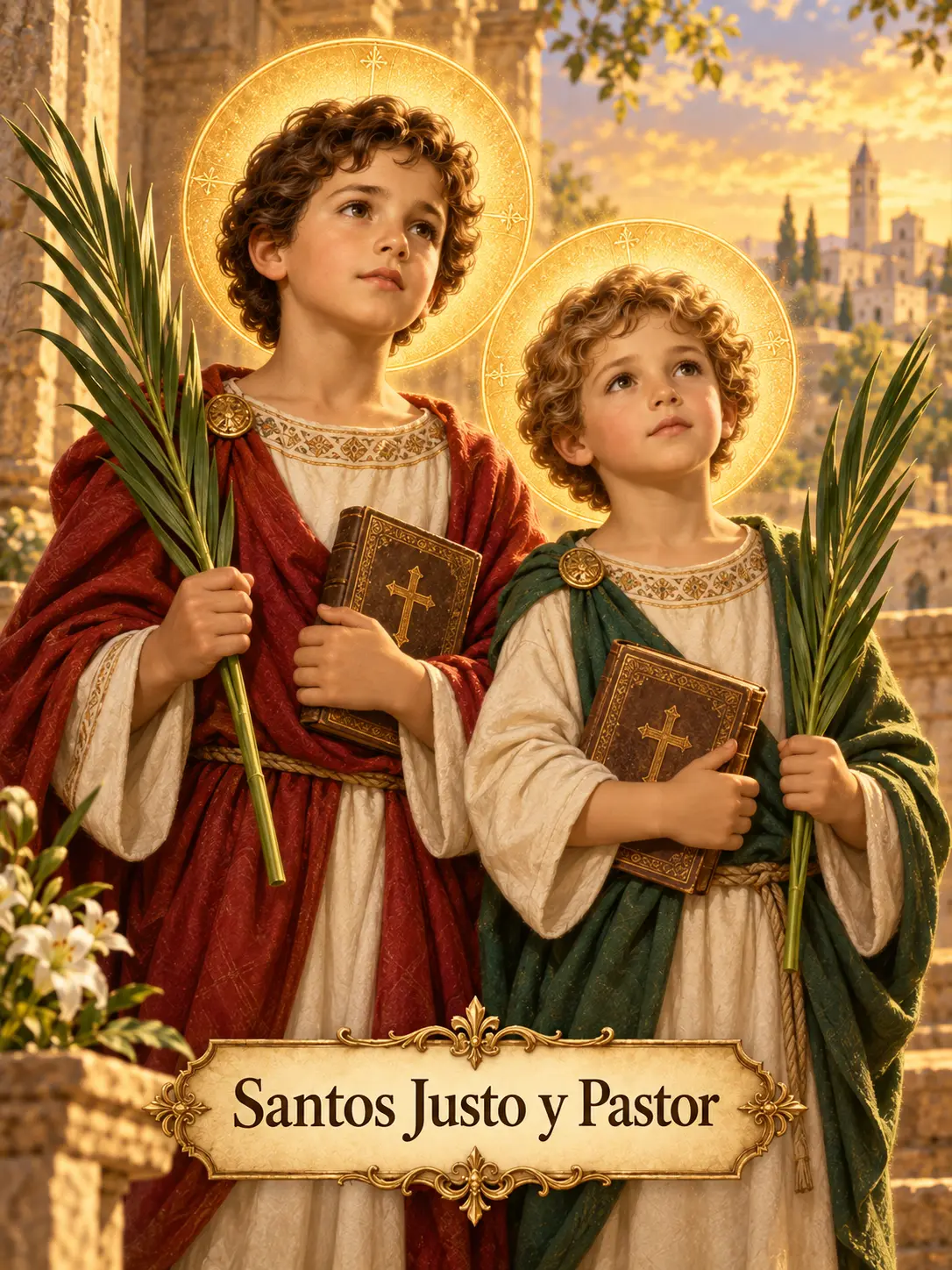 Los niños mártires Justo y Pastor con palmas y libros