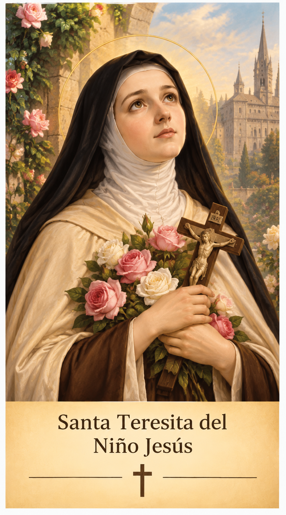 Estampa devocional de Santa Teresita del Niño Jesús con hábito carmelita, crucifijo y rosas