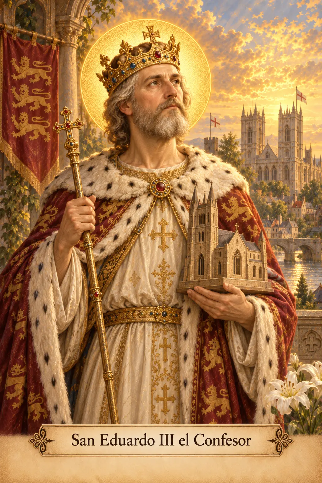 Estampa de San Eduardo III el Confesor con corona, cetro y una iglesia