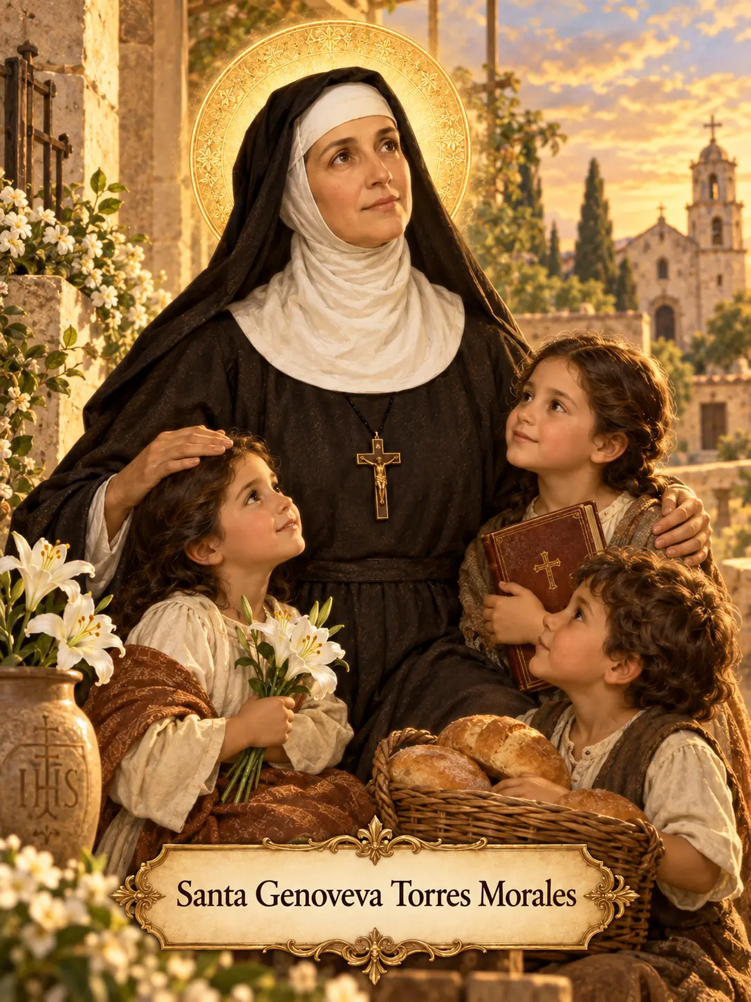 Santa Genoveva Torres Morales con hábito, rodeada de niños