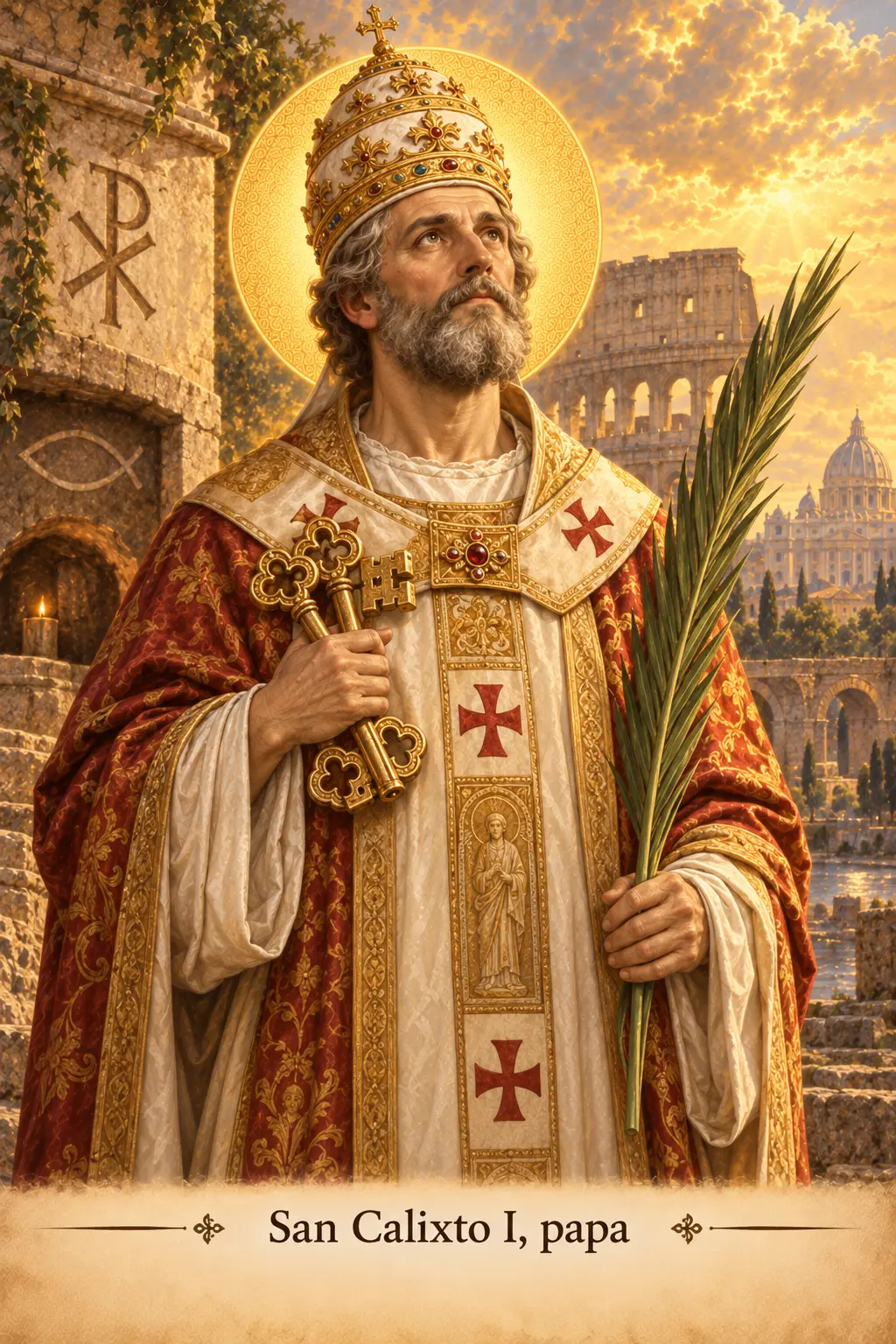 San Calixto I con vestiduras pontificias, las llaves y la palma del martirio, ante Roma