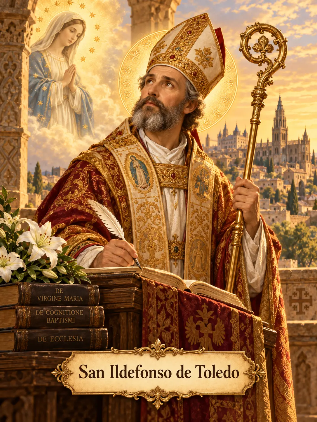 San Ildefonso de Toledo escribiendo, con la Virgen al fondo