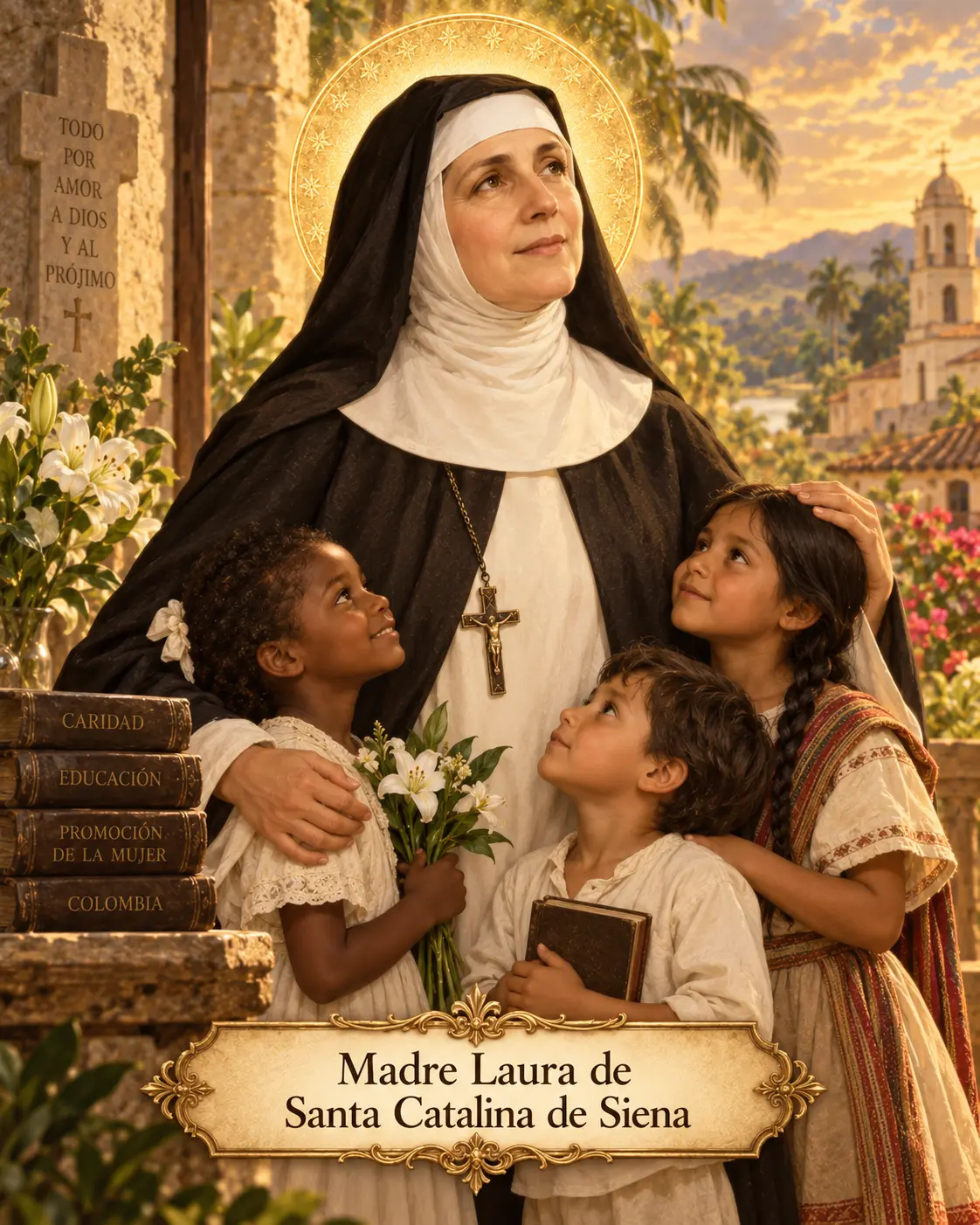 Estampa de Madre Laura de Santa Catalina de Siena acompañada de niños