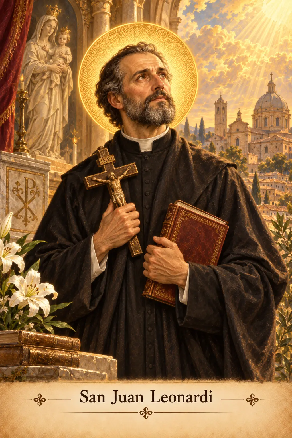 Estampa de San Juan Leonardi con crucifijo y libro