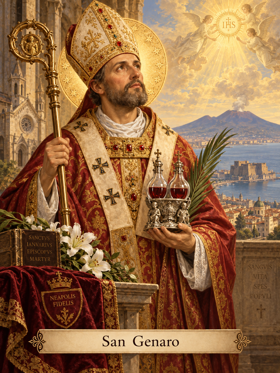 San Genaro con vestiduras episcopales, palma del martirio y las ampollas de su sangre, ante la ciudad de Nápoles y el Vesubio