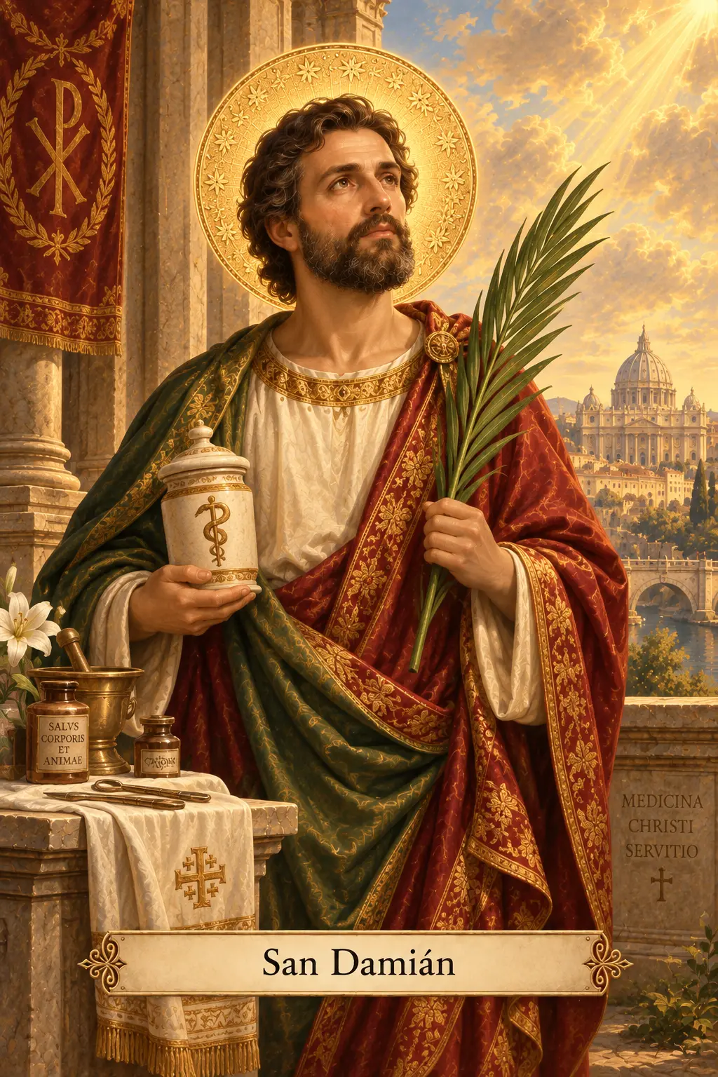 San Damián, médico cristiano y mártir, con la palma del martirio y recipientes medicinales