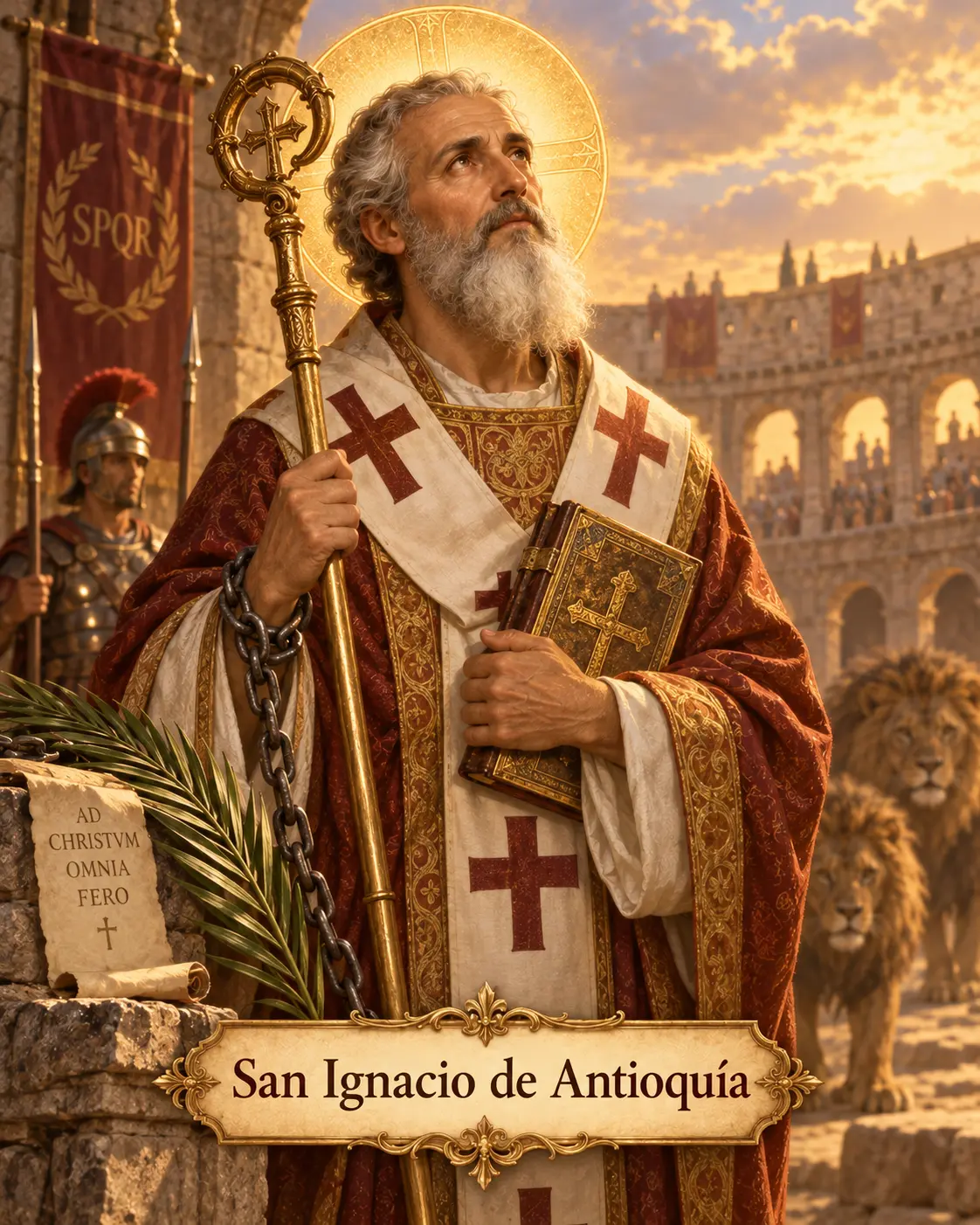 Estampa de San Ignacio de Antioquía con vestiduras episcopales, cadenas y palma del martirio