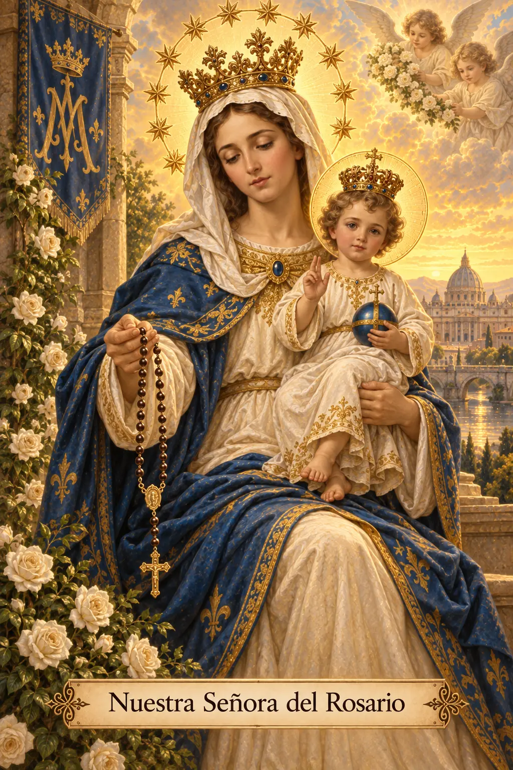 Nuestra Señora del Rosario coronada con el Niño Jesús y el rosario en la mano