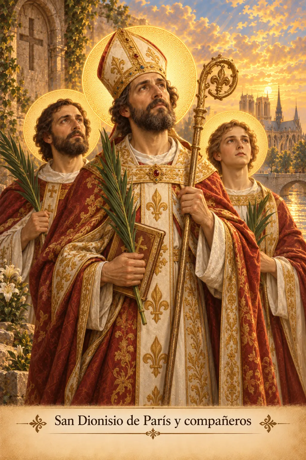 San Dionisio de París con mitra y báculo junto a sus dos compañeros mártires