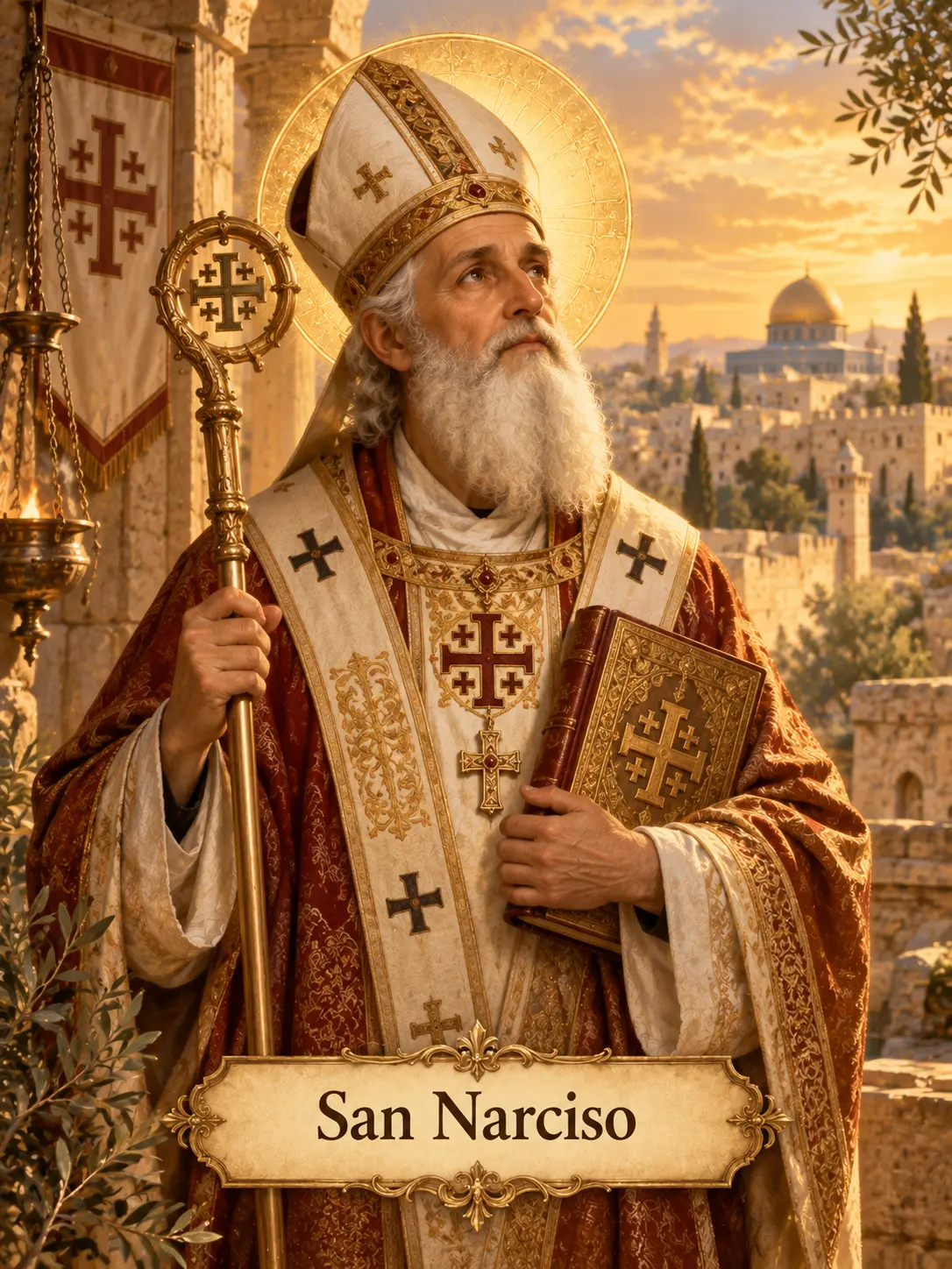Estampa de San Narciso con vestiduras episcopales, báculo y libro