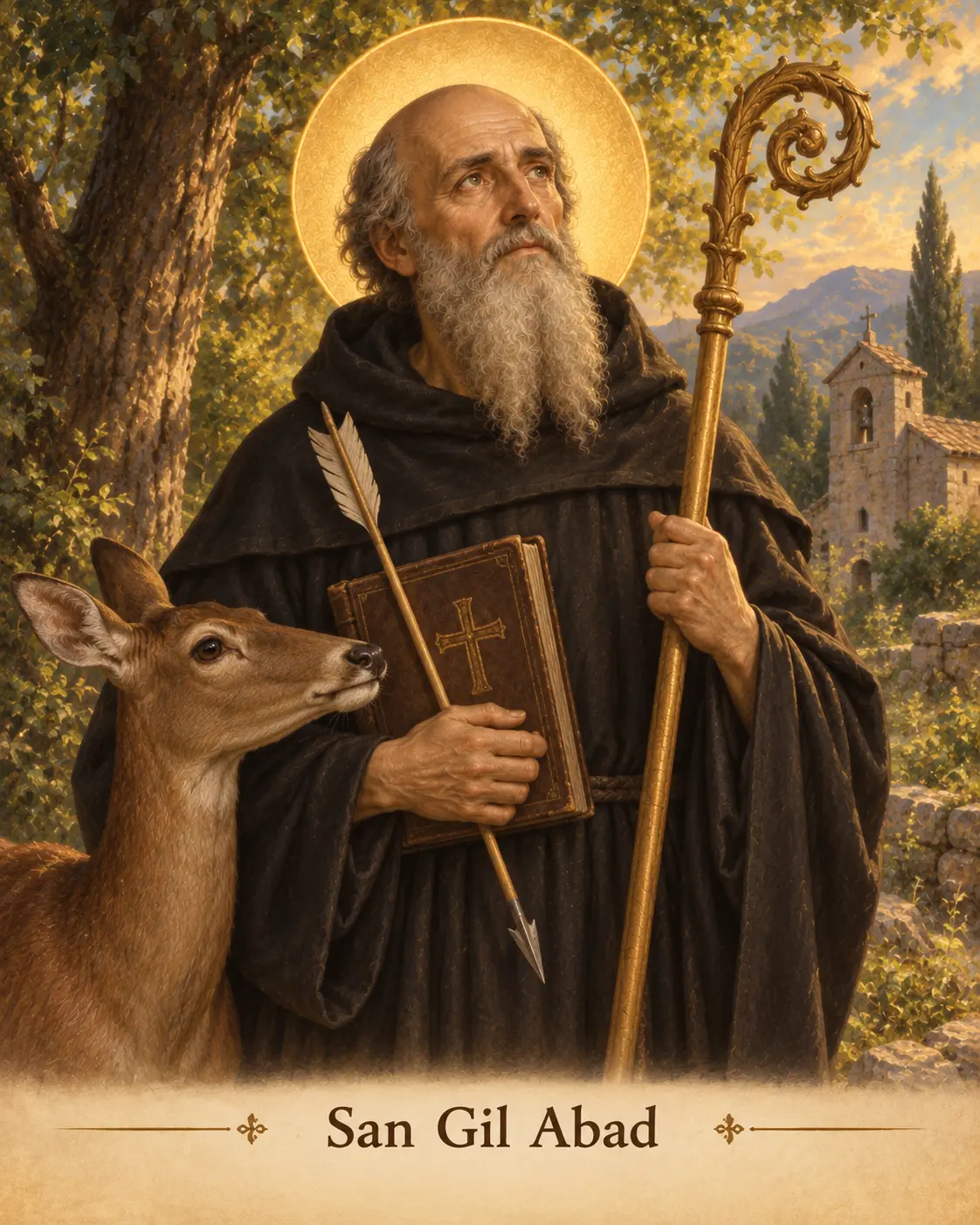 Estampa devocional de San Gil Abad