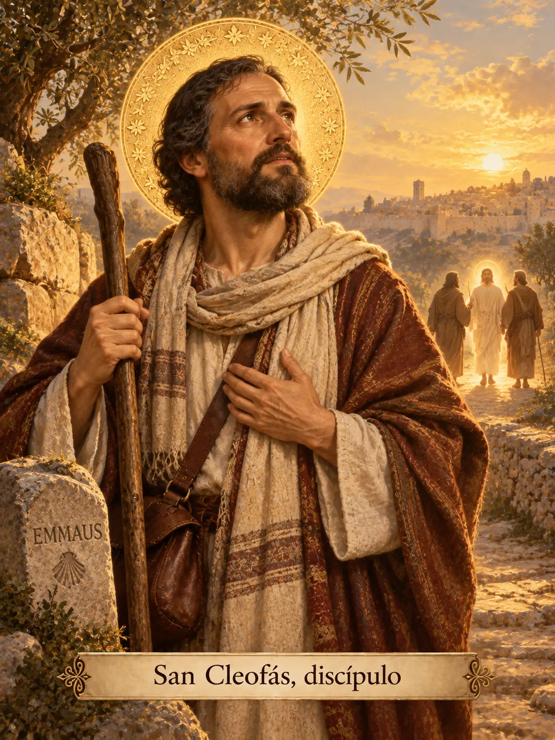 San Cleofás como peregrino de Emaús, con bastón, mientras Cristo resucitado camina con los discípulos