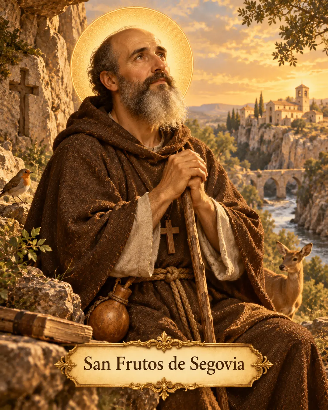 Estampa de San Frutos de Segovia como ermitaño en un paisaje segoviano
