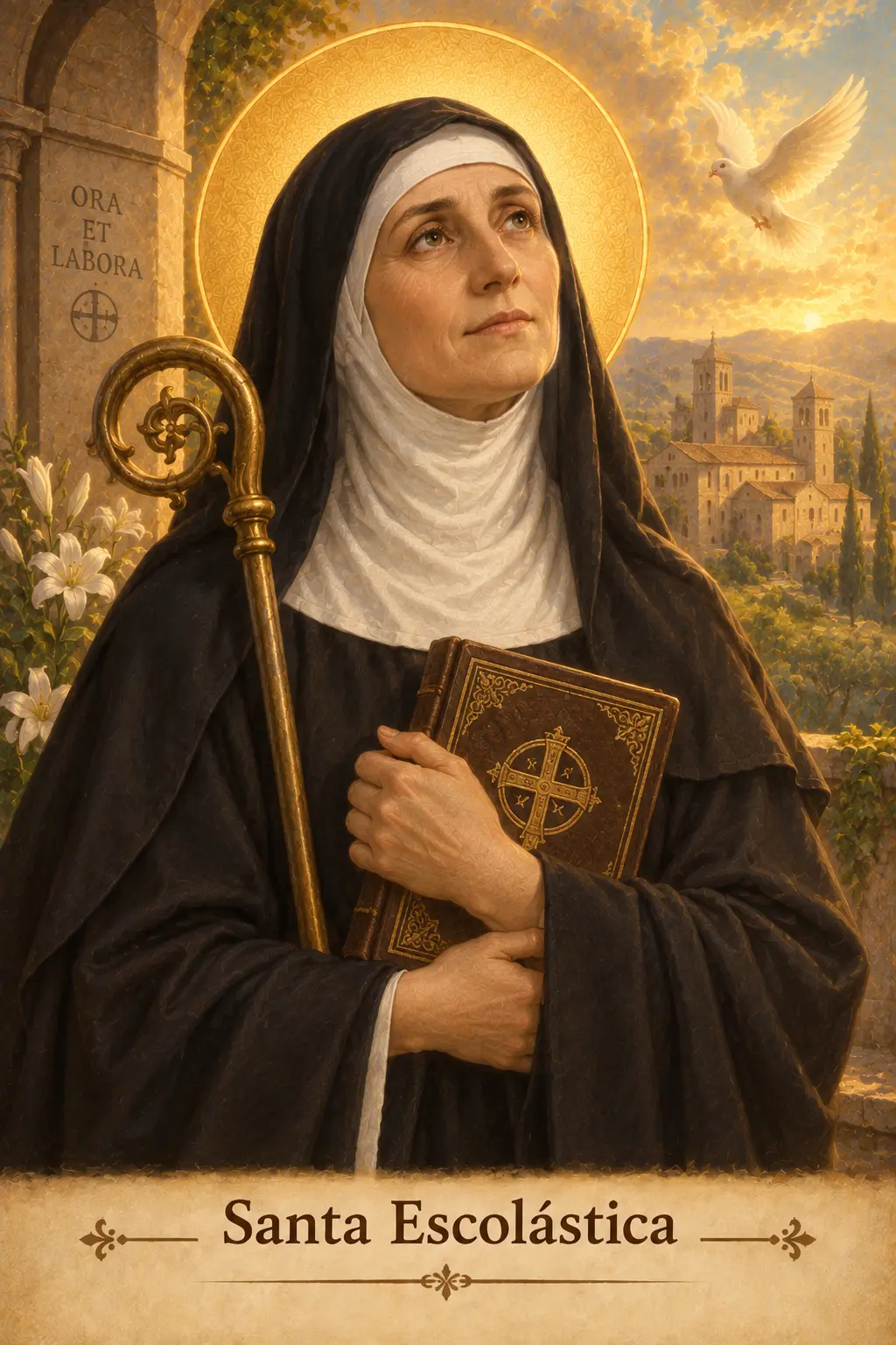 Estampa devocional de Santa Escolástica