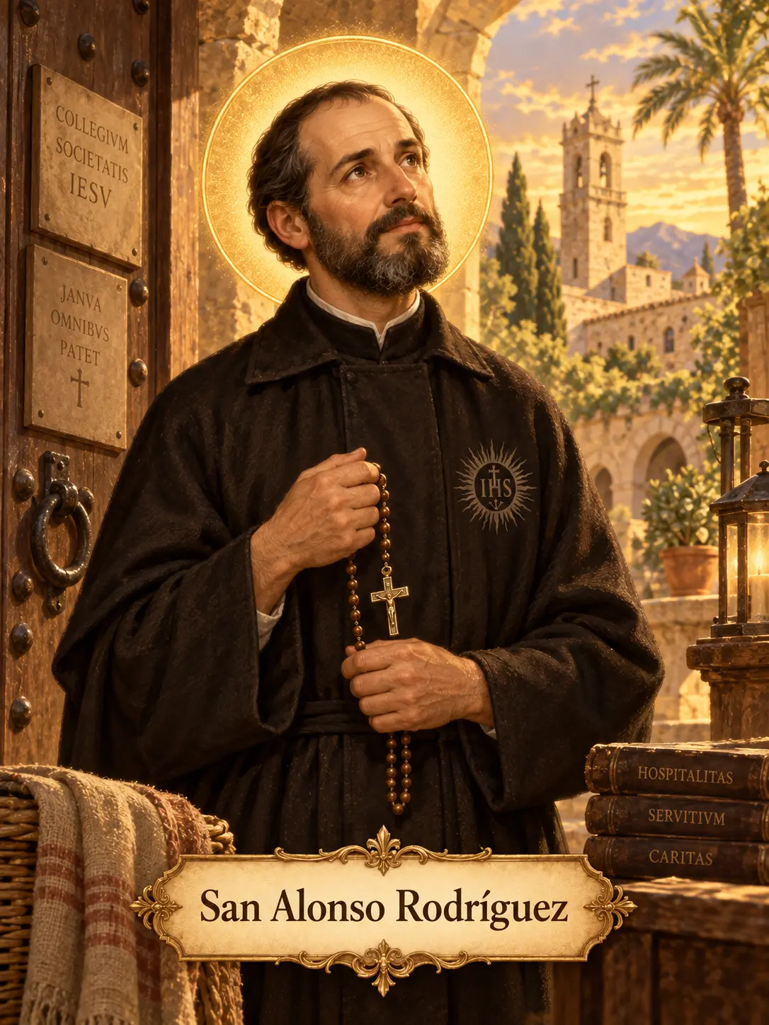 Estampa de San Alonso Rodríguez con hábito jesuita y rosario