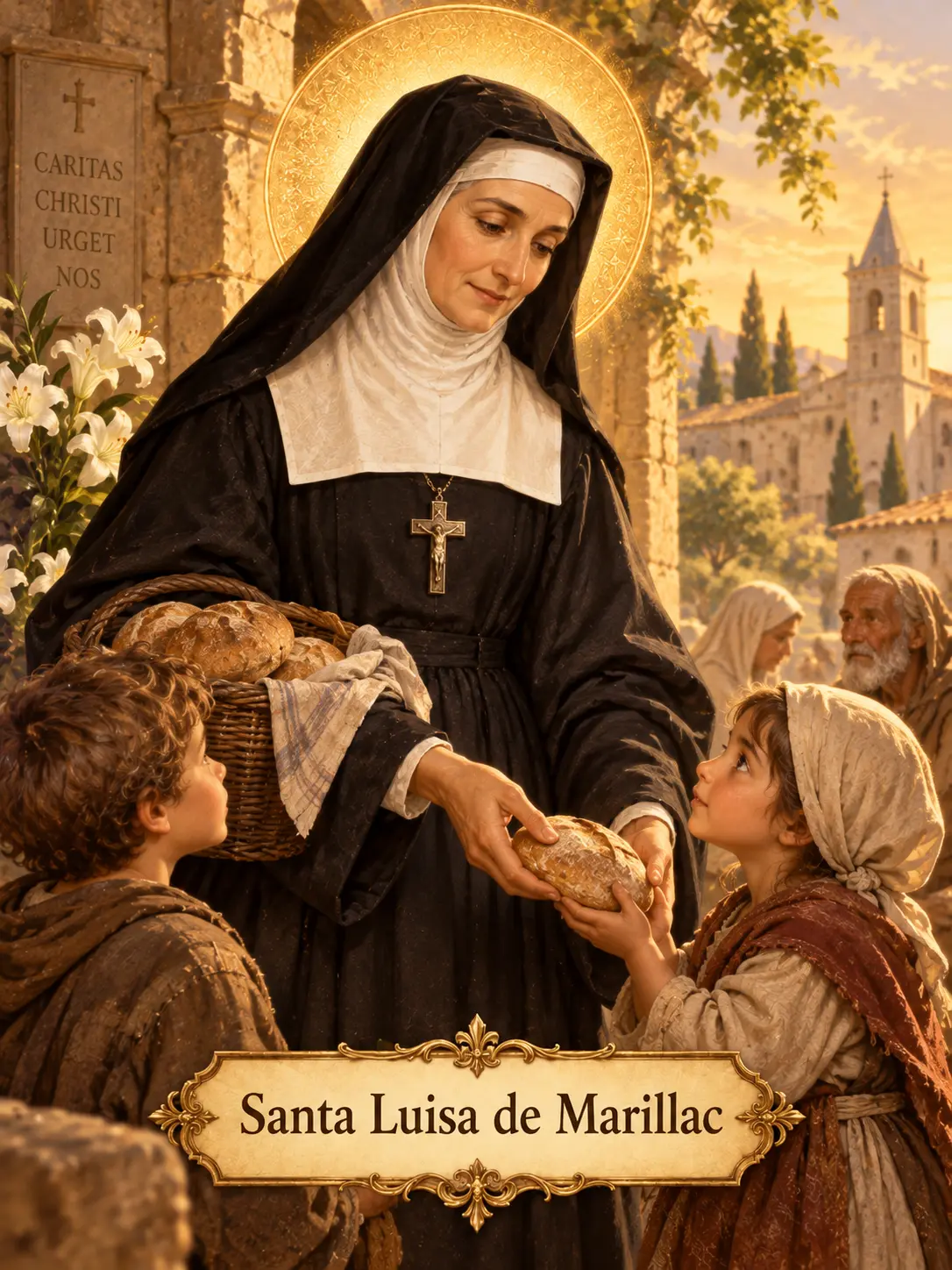 Santa Luisa de Marillac repartiendo pan a niños pobres