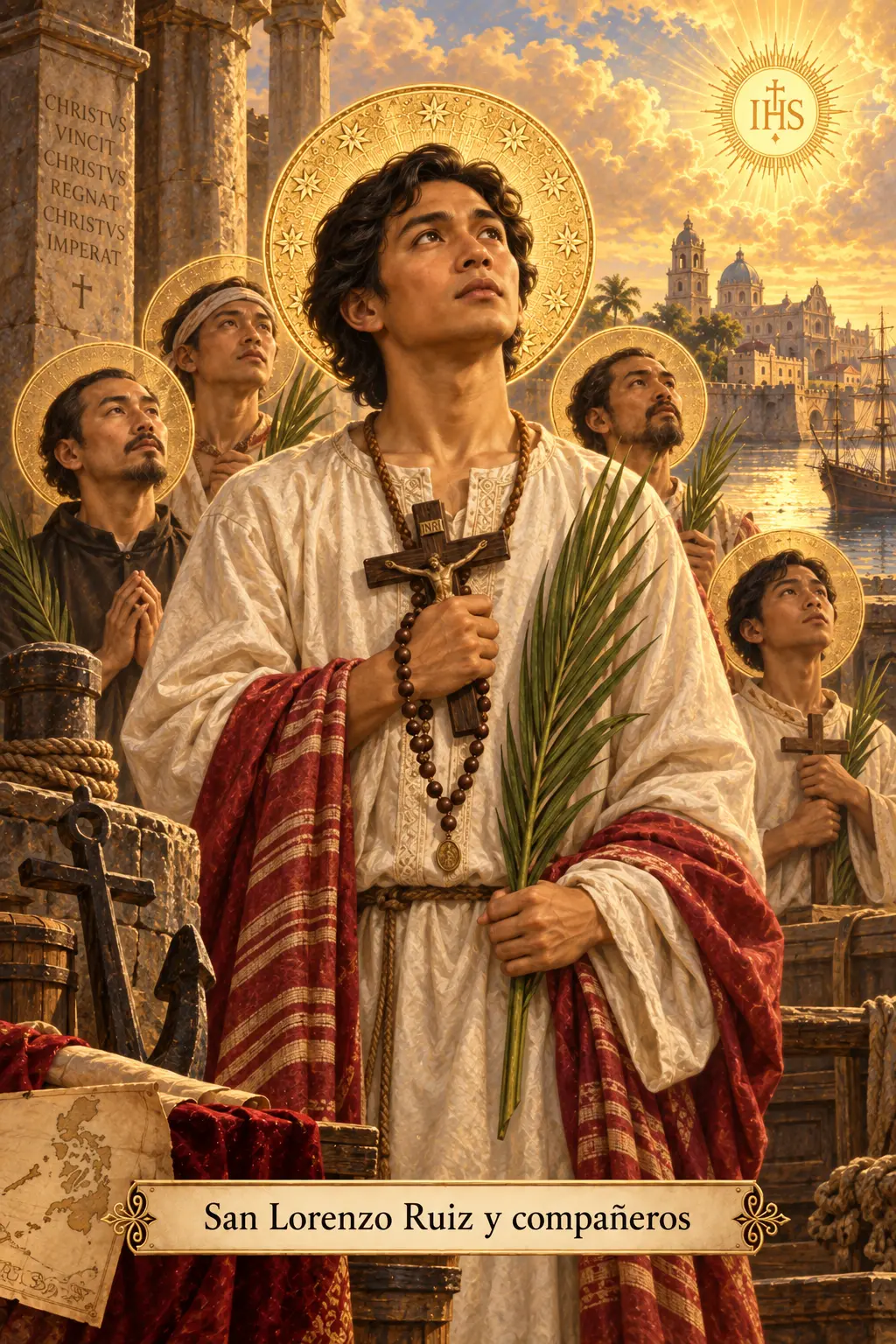San Lorenzo Ruiz acompañado por sus compañeros mártires, con crucifijo, rosario y palmas del martirio